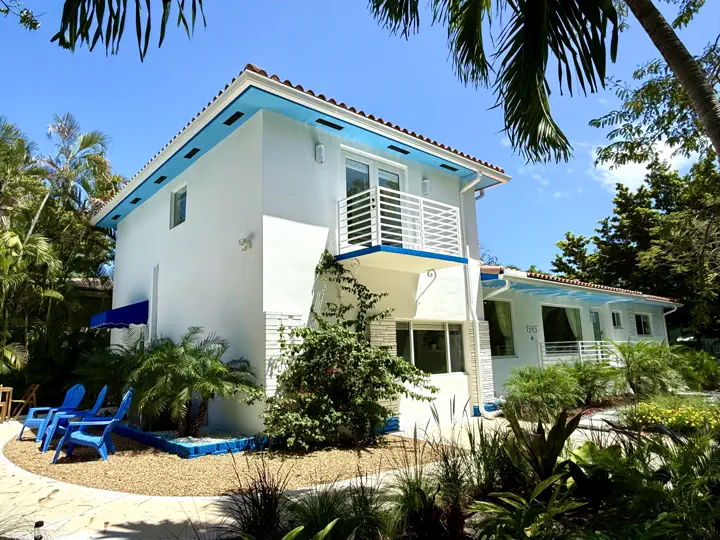 Street view of the house behind palms