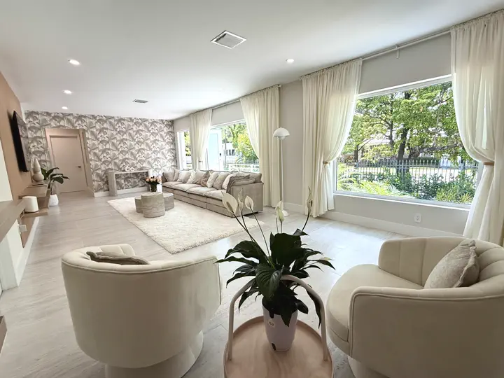 Living room with sofa and potted palm