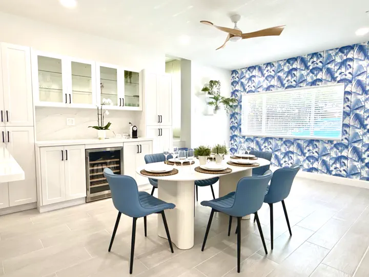 Open kitchen and dining with island seating